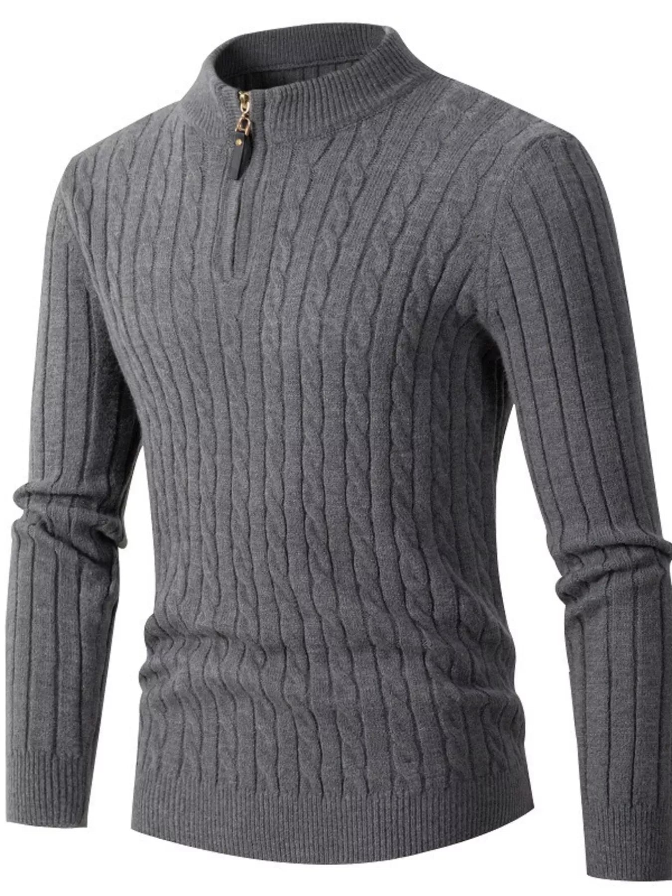 Men's plus size cable knit half-zip sweater in khaki, stylish full-size men's sweater by Trendsi featuring a cozy knit design.