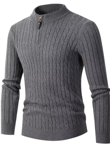 Men's plus size cable knit half-zip sweater in khaki, stylish full-size men's sweater by Trendsi featuring a cozy knit design.