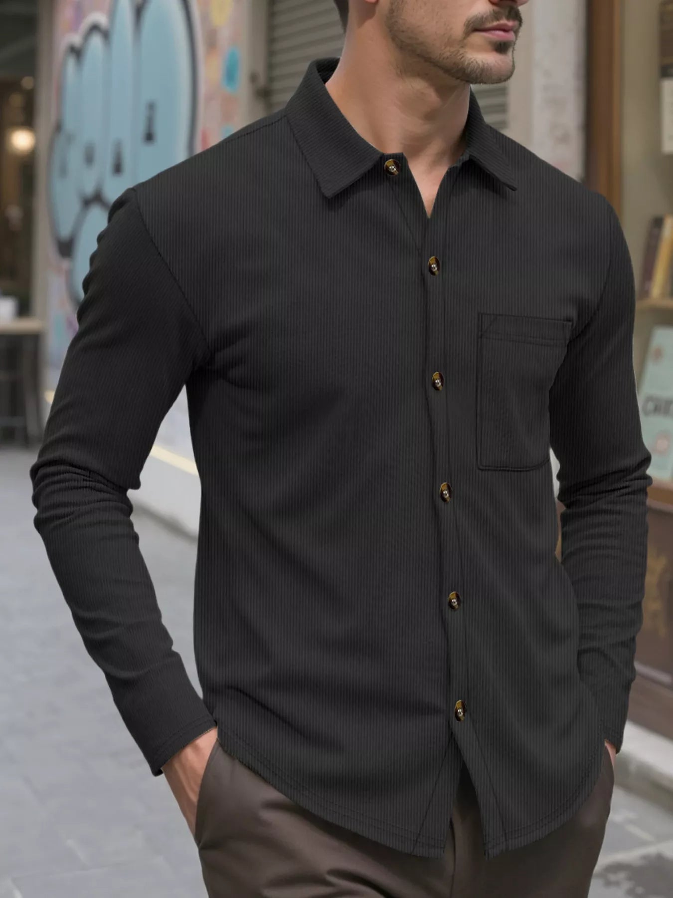 Men's full-size khaki casual button-up long sleeve shirt by Trendsi, featuring a classic collar and relaxed fit.