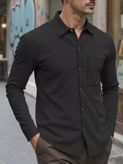 Men's full-size khaki casual button-up long sleeve shirt by Trendsi, featuring a classic collar and relaxed fit.