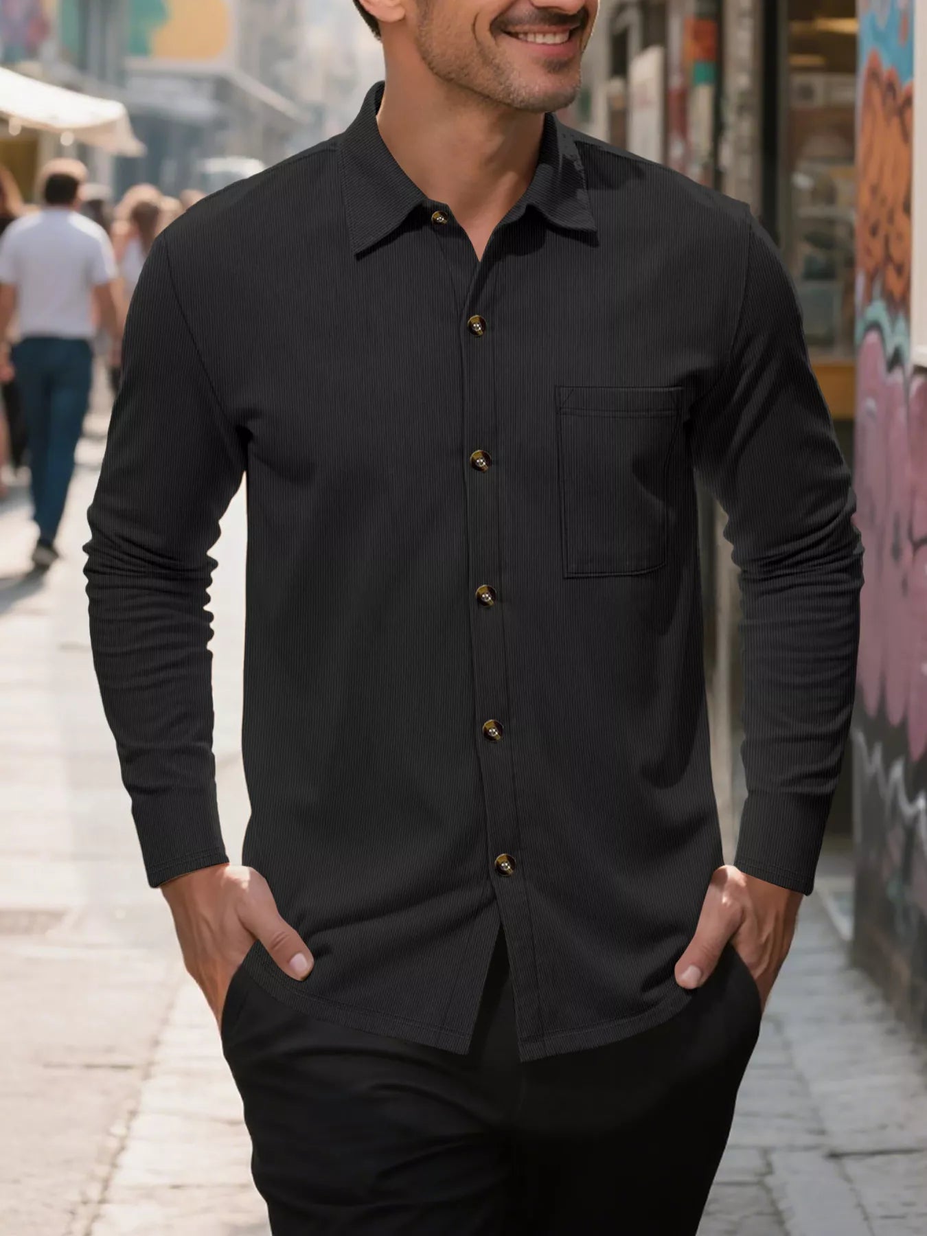 Men's full-size khaki casual button-up long sleeve shirt by Trendsi, featuring a classic fit and front button closure.