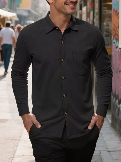 Men's full-size khaki casual button-up long sleeve shirt by Trendsi, featuring a classic fit and front button closure.
