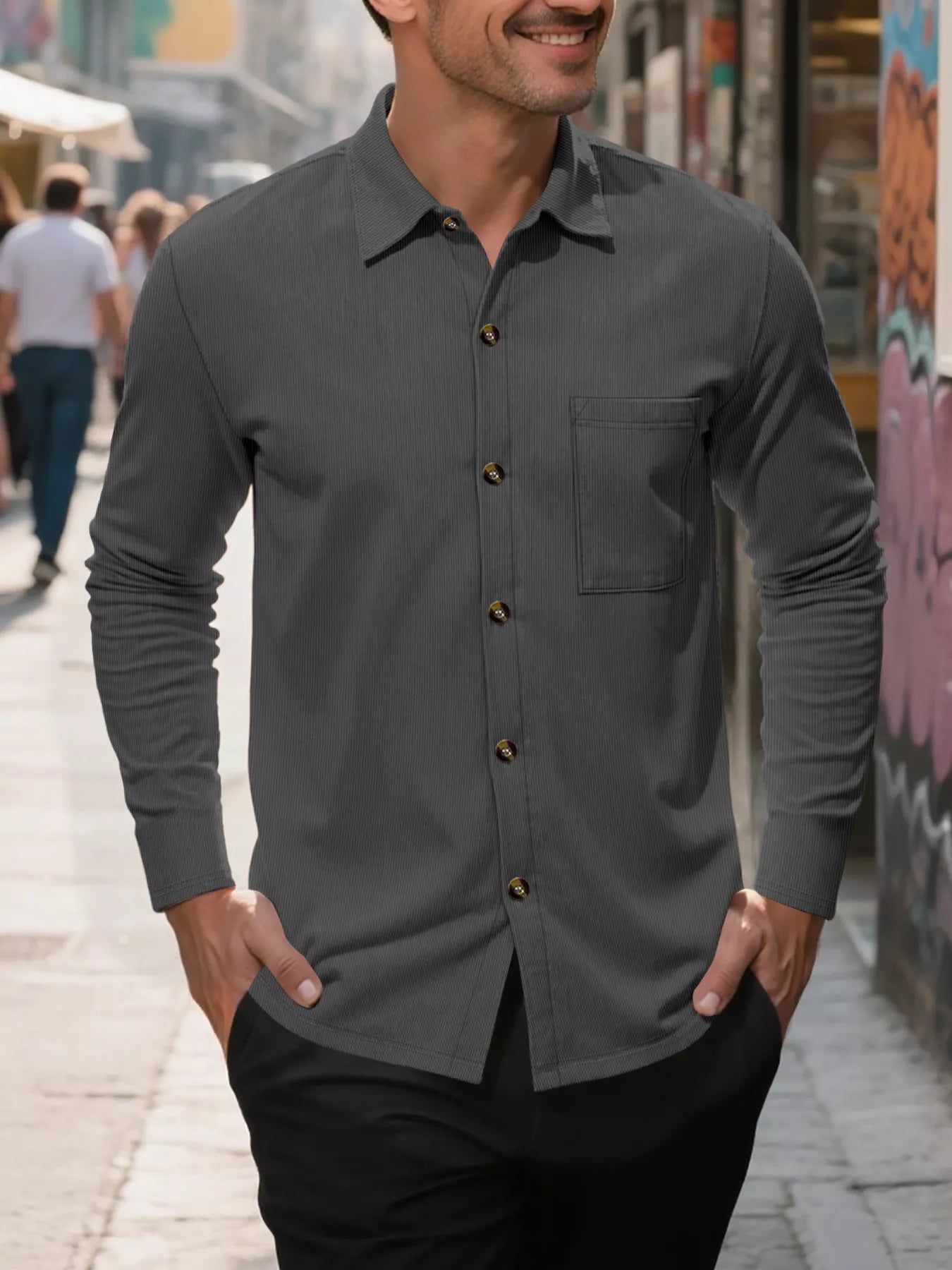 Men's full-size khaki casual button-up long sleeve shirt by Trendsi, featuring a classic design and comfortable fit.