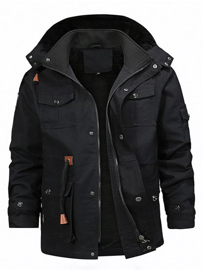 Men's plus size khaki zip-up fleece-lined jacket by Trendsi, featuring a full front zipper and cozy fleece interior.