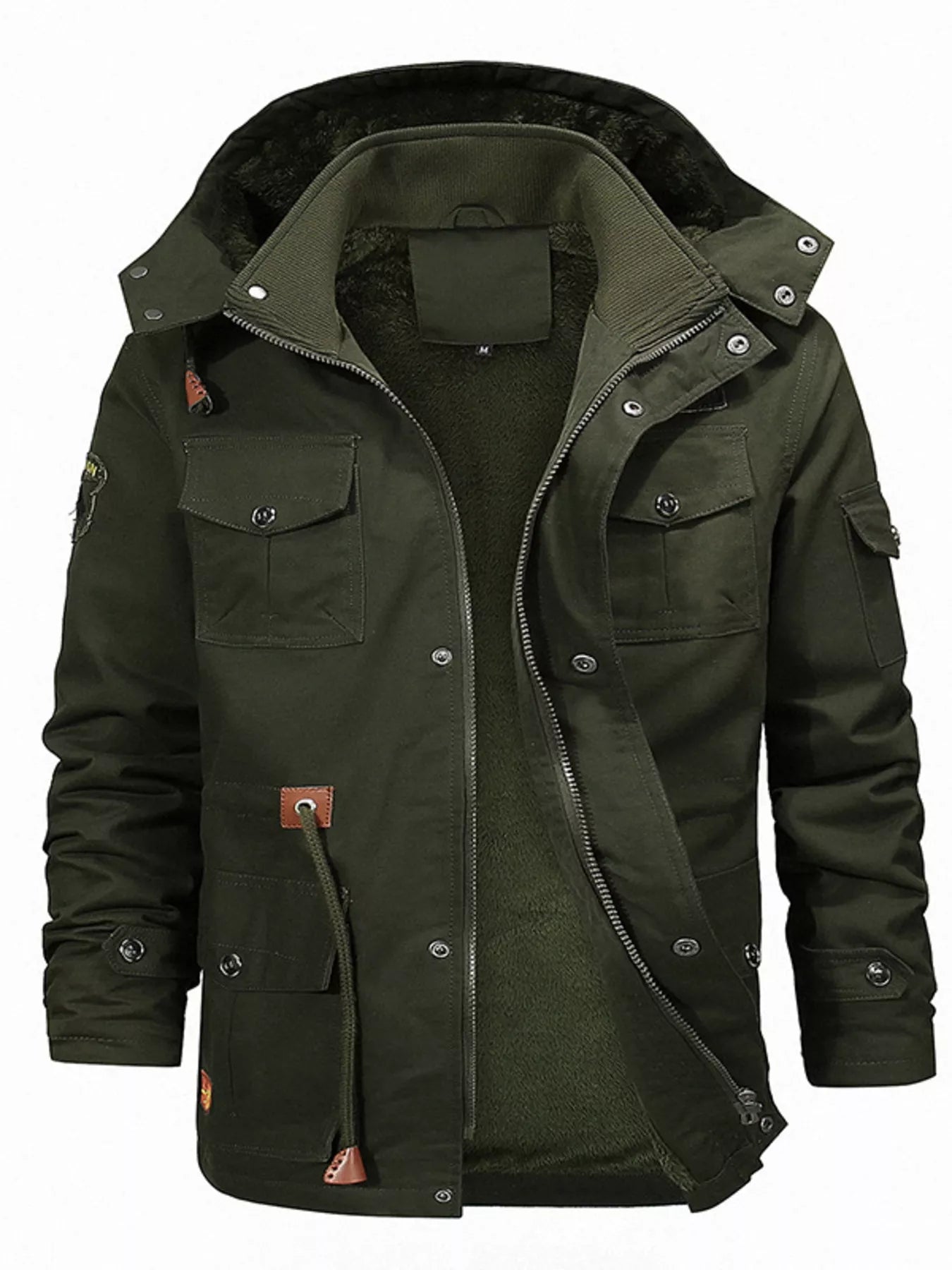 Men's full size zip-up fleece-lined jacket in khaki, plus size, by Trendsi, featuring a comfortable fleece interior and full zipper closure.
