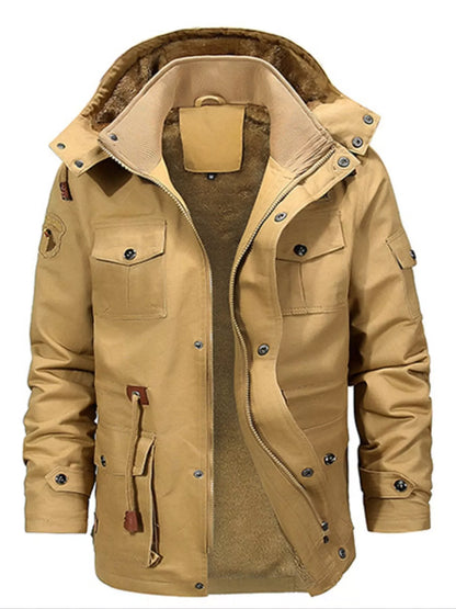 Men's plus size zip-up fleece-lined jacket by Trendsi in khaki, featuring a full front zipper and cozy fleece interior.