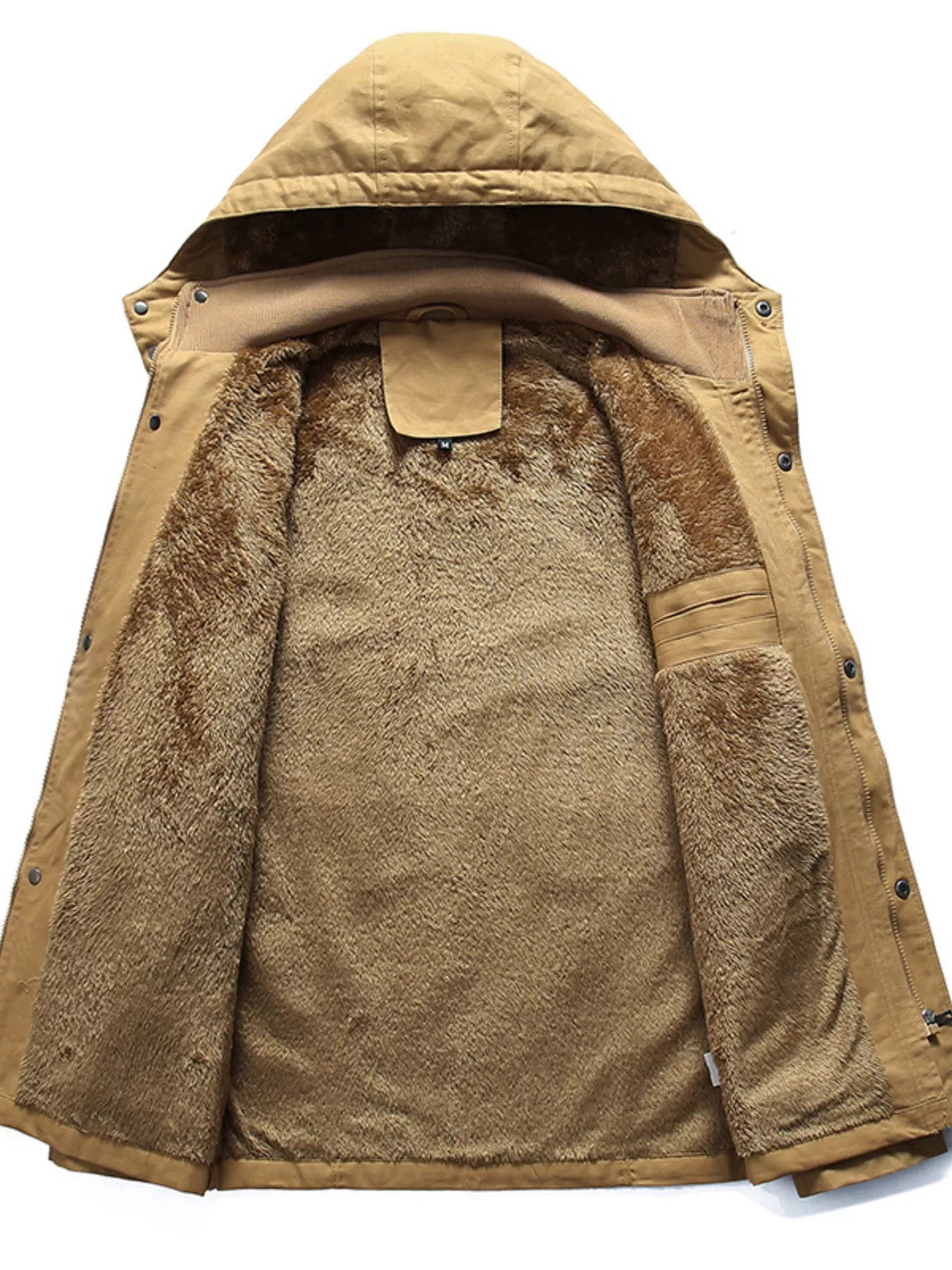 Men's full-size zip-up fleece-lined jacket in khaki, plus size, by Trendsi, featuring a warm, comfortable fleece interior and casual style.