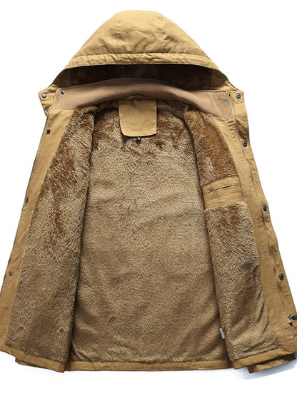 Men's full-size zip-up fleece-lined jacket in khaki, plus size, by Trendsi, featuring a warm, comfortable fleece interior and casual style.