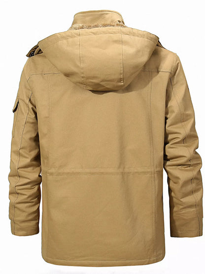 Men's full-size khaki zip-up fleece-lined jacket by Trendsi, featuring a cozy, warm interior and a casual outdoor style.