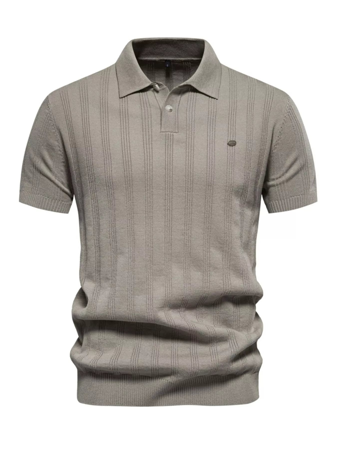 Men's khaki short sleeve knit polo shirt by Trendsi, featuring a classic collar and textured fabric for a stylish casual look.