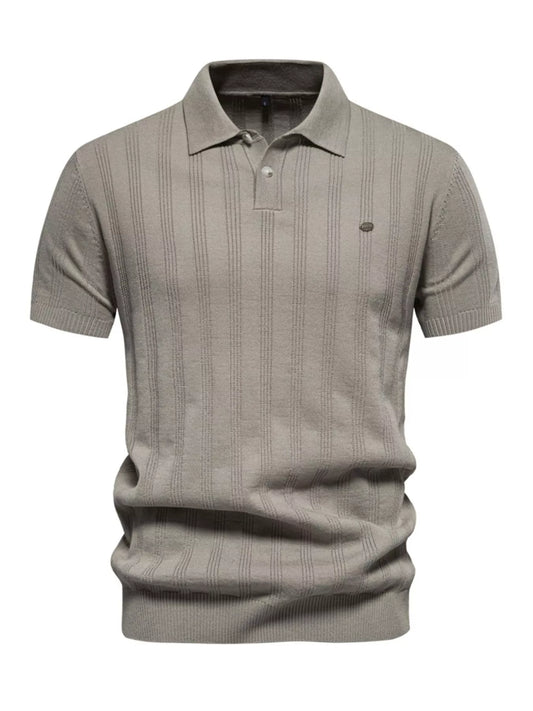Men's khaki short sleeve knit polo shirt by Trendsi, featuring a classic collar and textured fabric for a stylish casual look.