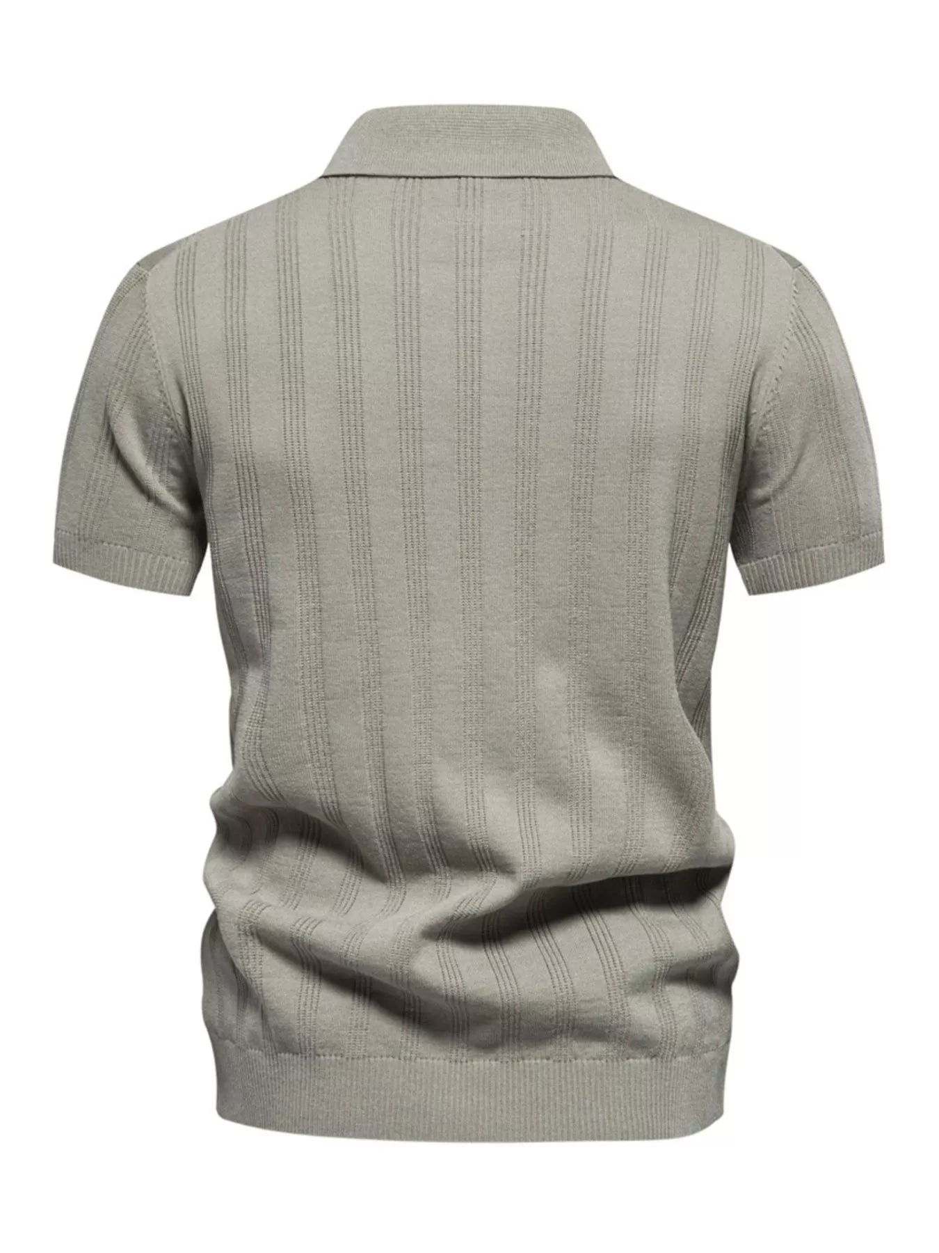 Men's khaki short sleeve knit polo shirt from Trendsi, shown on a mannequin, featuring a classic collar and ribbed cuffs.