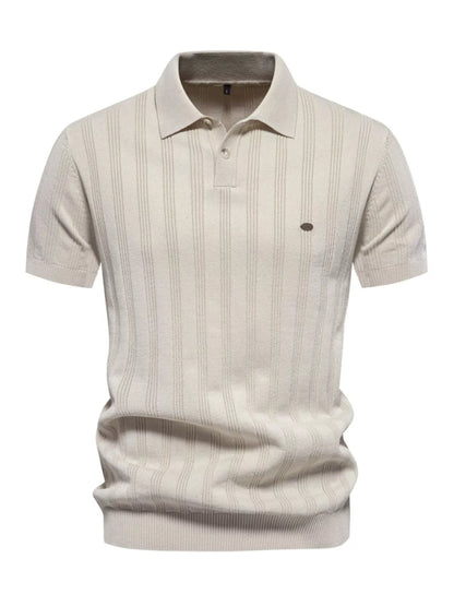 Men's short sleeve knit polo shirt in khaki from Trendsi, featuring a classic collar and comfortable fit.