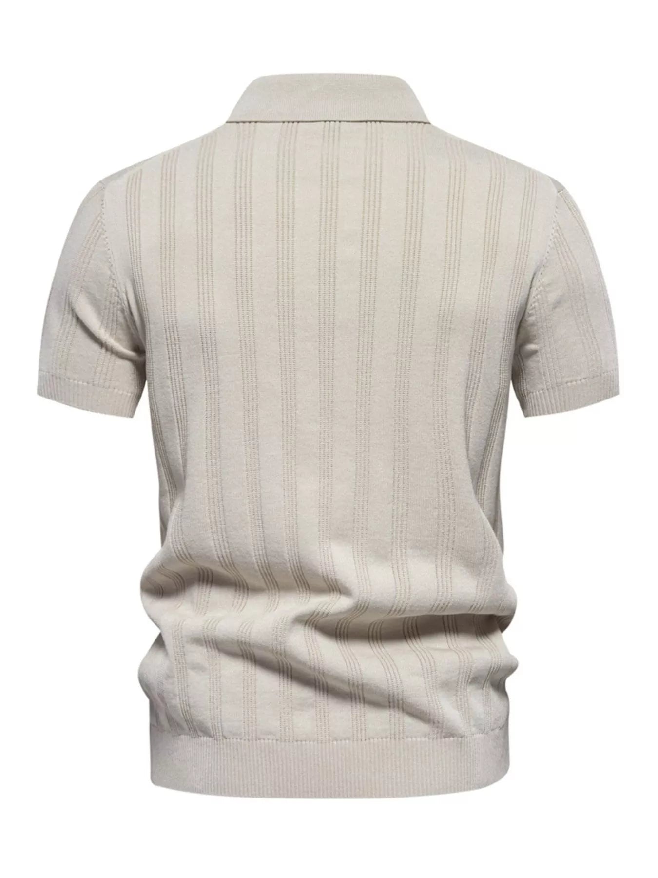 Men's khaki short sleeve knit polo shirt by Trendsi, featuring a classic collar and textured fabric for a casual yet polished look.