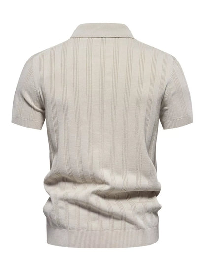 Men's khaki short sleeve knit polo shirt by Trendsi, featuring a classic collar and textured fabric for a casual yet polished look.