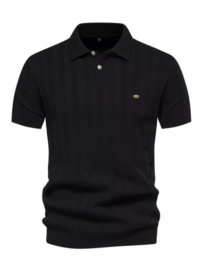 Men's khaki short sleeve knit polo shirt by Trendsi, featuring a classic collar and textured fabric.