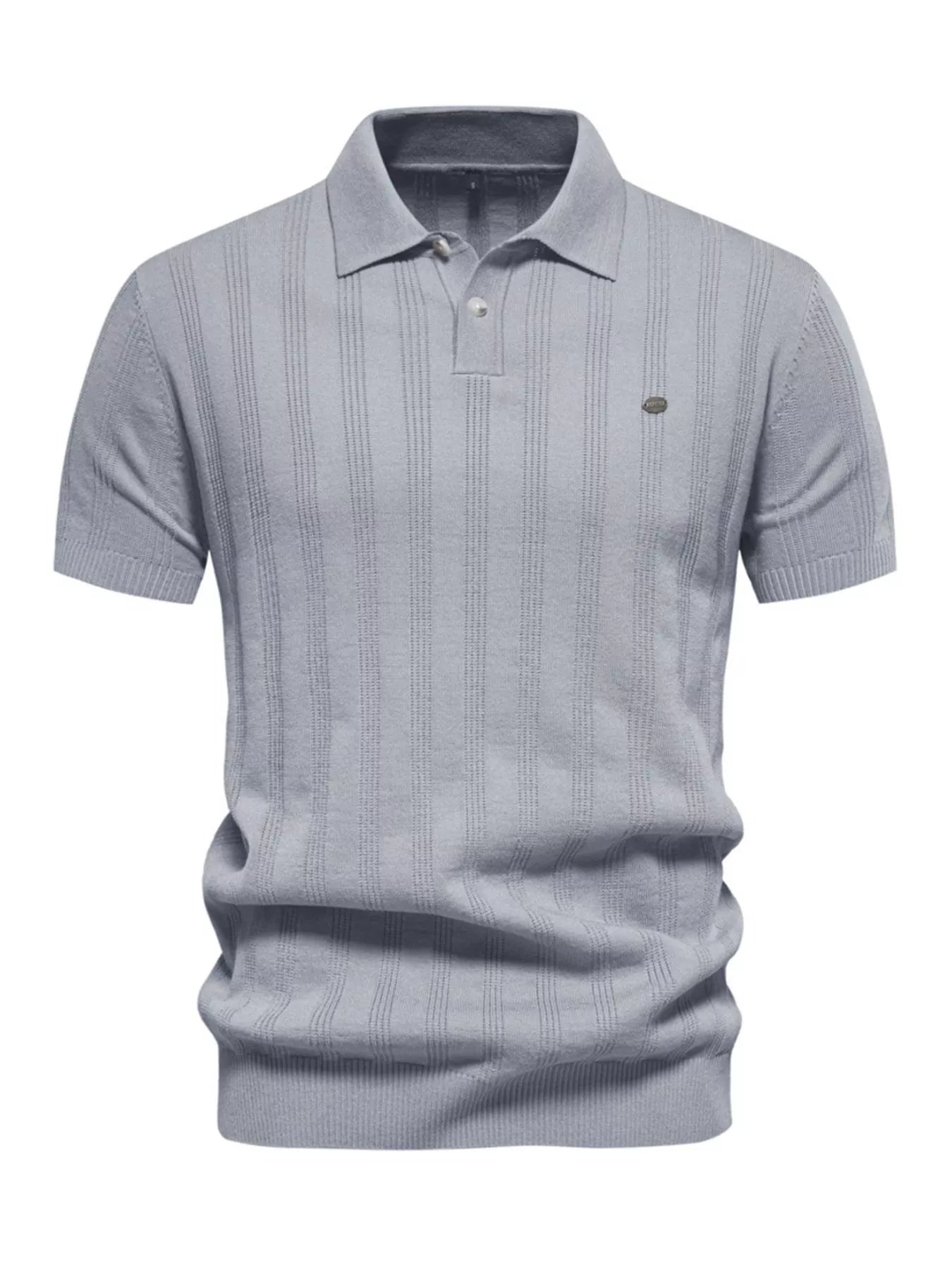 Men's short sleeve knit polo in khaki by Trendsi, featuring a classic collar and comfortable fit.