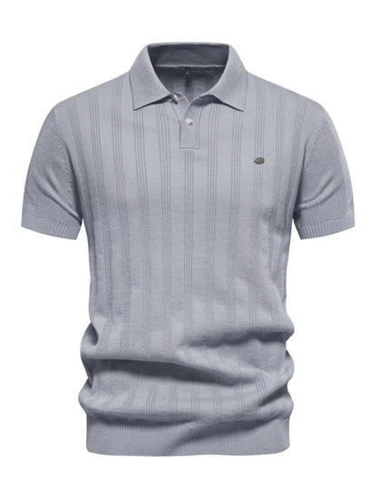 Men's short sleeve knit polo in khaki by Trendsi, featuring a classic collar and comfortable fit.
