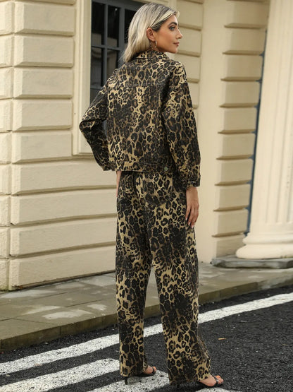 Leopard-print long sleeve denim jacket with front pockets from Trendsi, featuring a casual, trendy design.