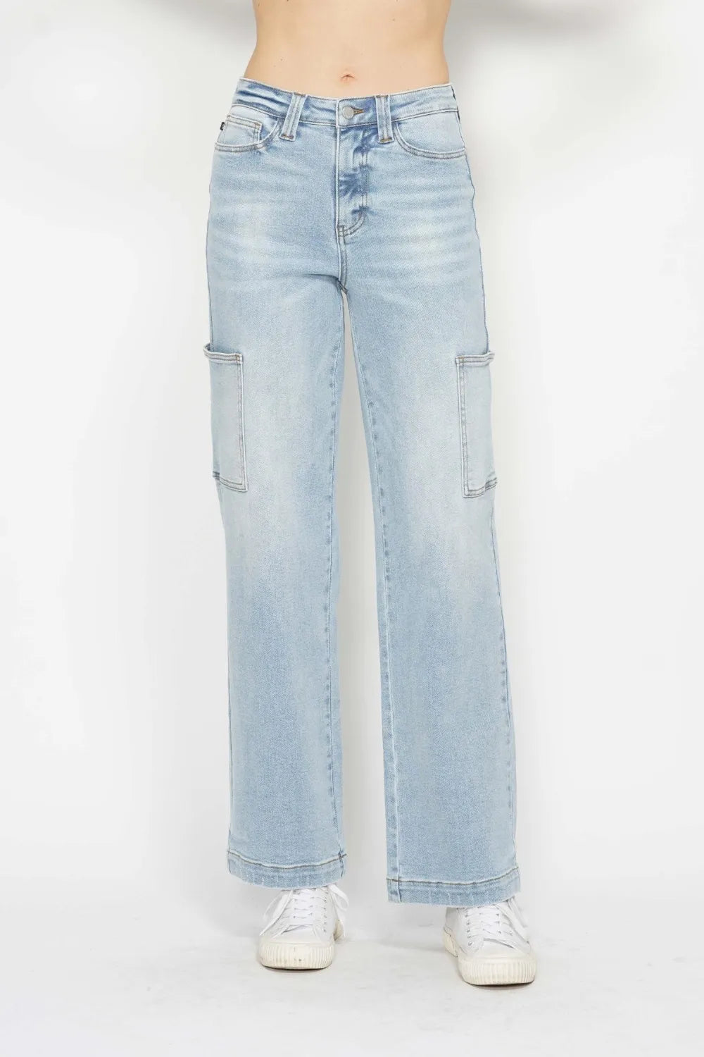 Judy Blue high waist straight cargo jeans in full size, featuring multiple pockets and classic denim style.