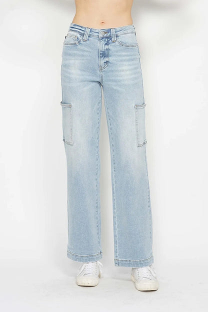 Judy Blue high waist straight cargo jeans in full size, featuring multiple pockets and classic denim style.