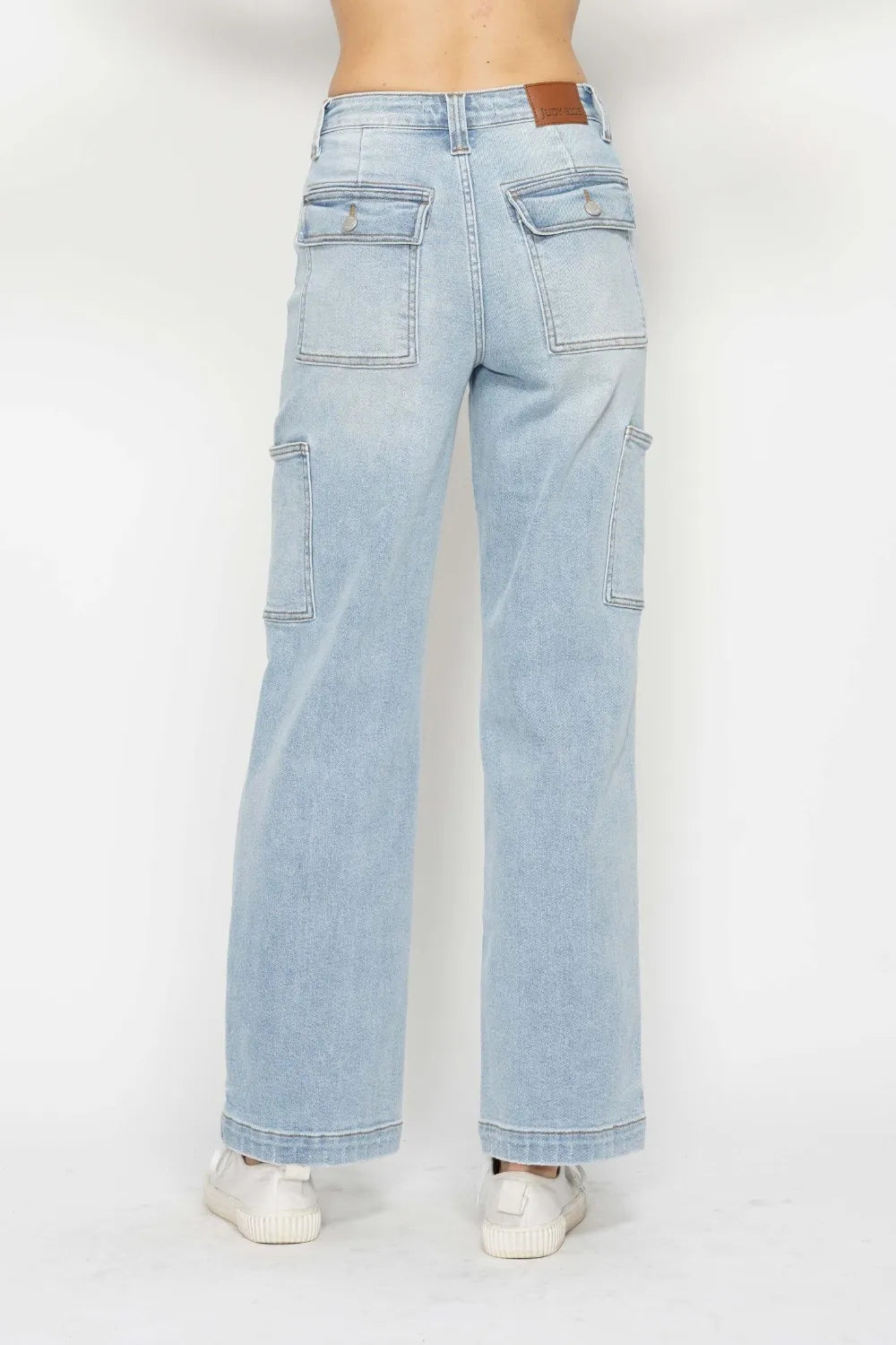 Full size Judy Blue high waist straight cargo jeans with multiple pockets and classic denim style, shown on a model.