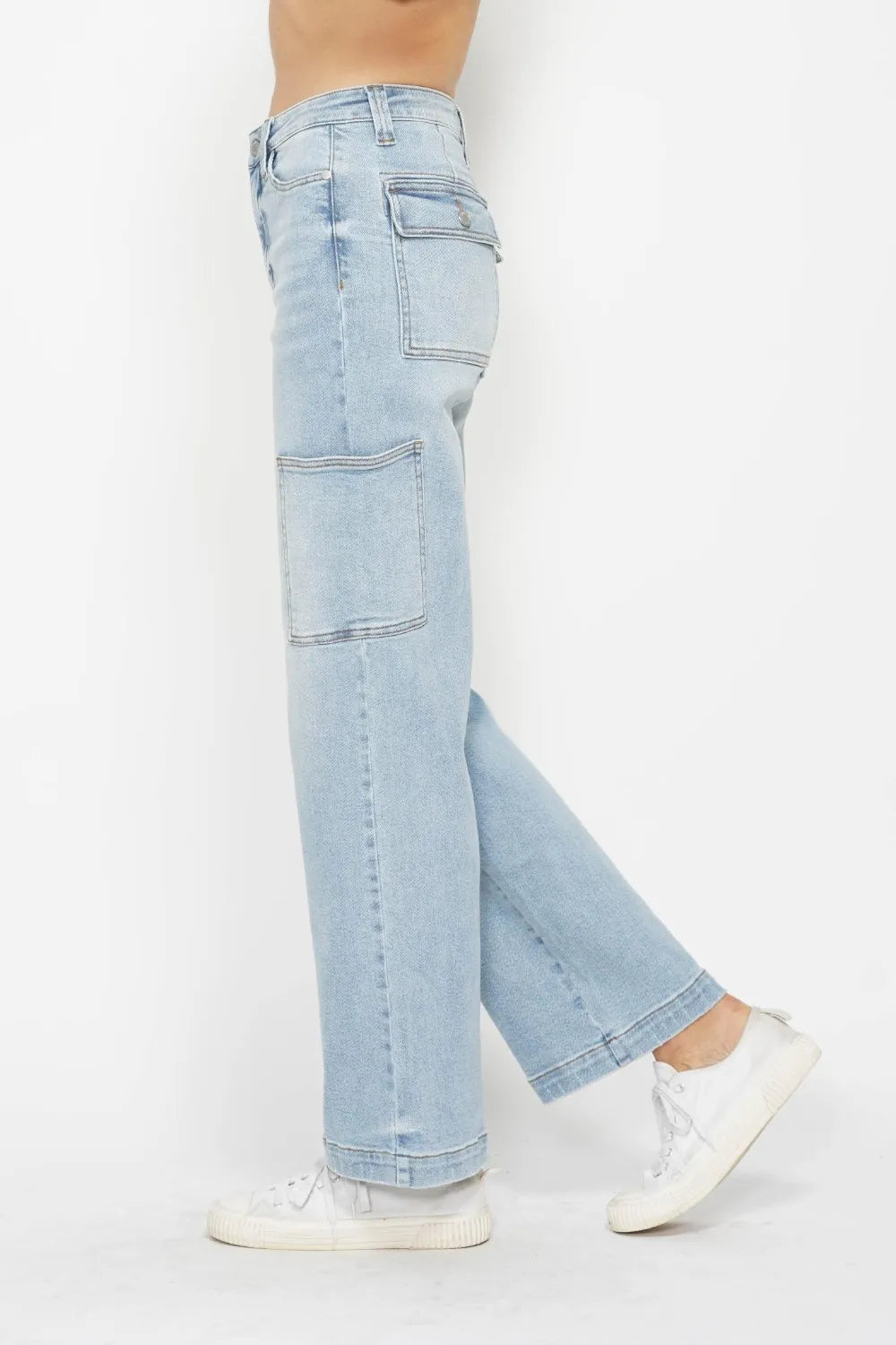 Full size Judy Blue high waist straight cargo jeans featuring multiple pockets and a classic denim look.