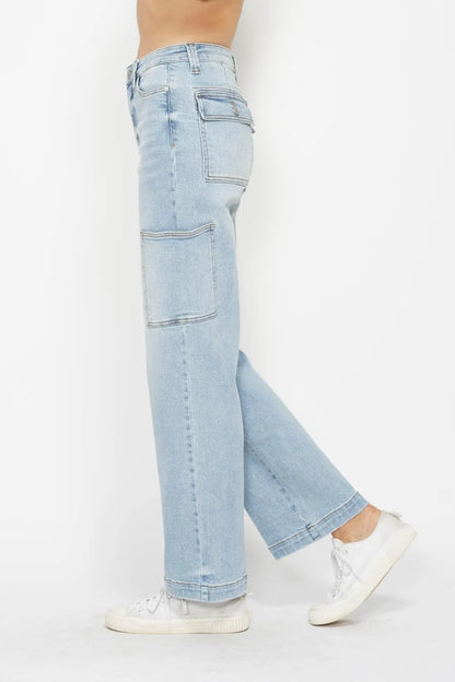 Full size Judy Blue high waist straight cargo jeans featuring multiple pockets and a classic denim look.