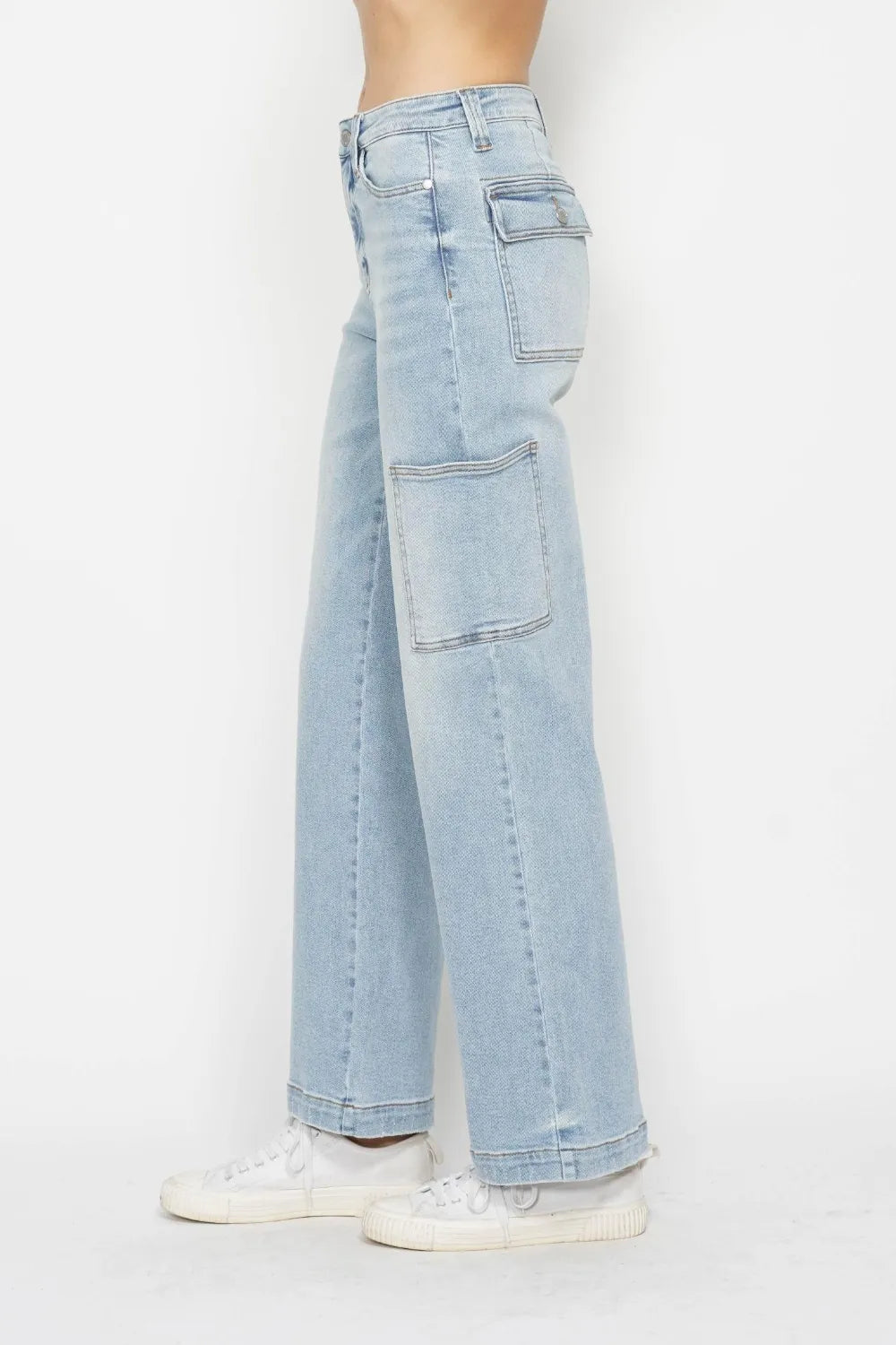 Full view of Judy Blue high waist straight cargo jeans with functional pockets and classic denim styling.