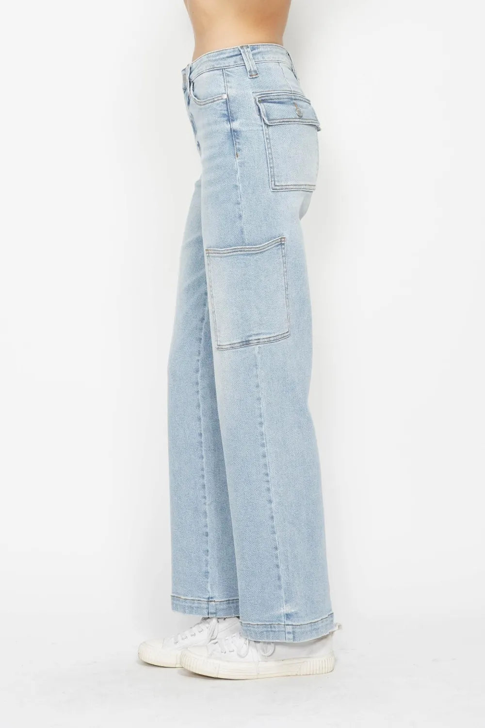 Full view of Judy Blue high waist straight cargo jeans in a full size fit, featuring classic cargo pockets and a high-rise waist.