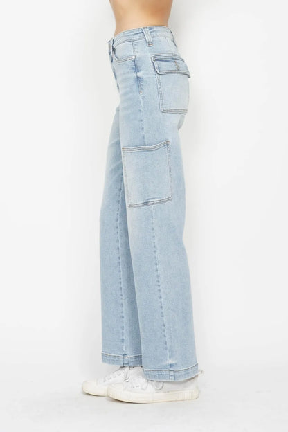 Full view of Judy Blue high waist straight cargo jeans in a full size fit, featuring classic cargo pockets and a high-rise waist.