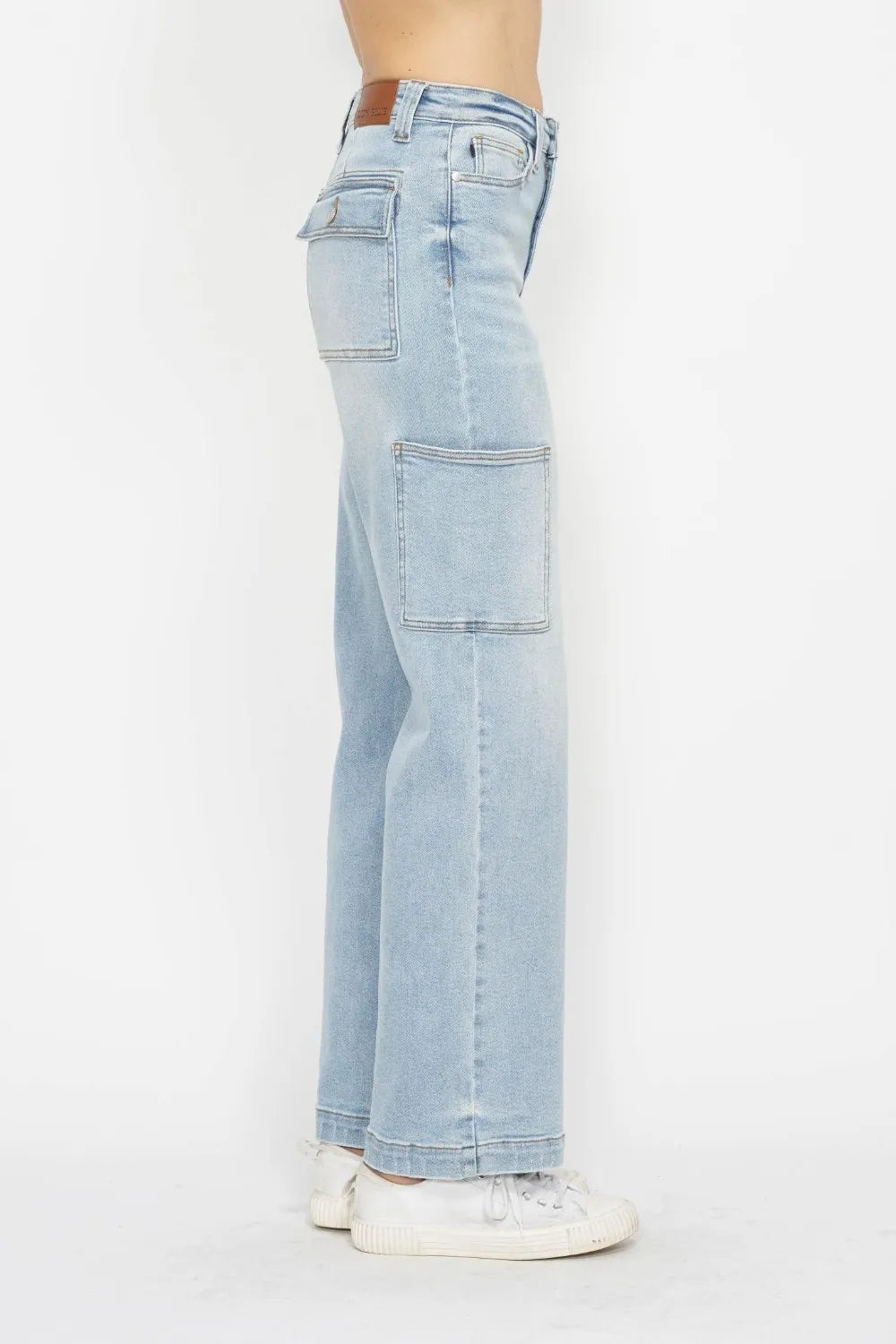 Full view of Judy Blue high waist straight cargo jeans in a full size, showcasing classic denim style and functional pockets.