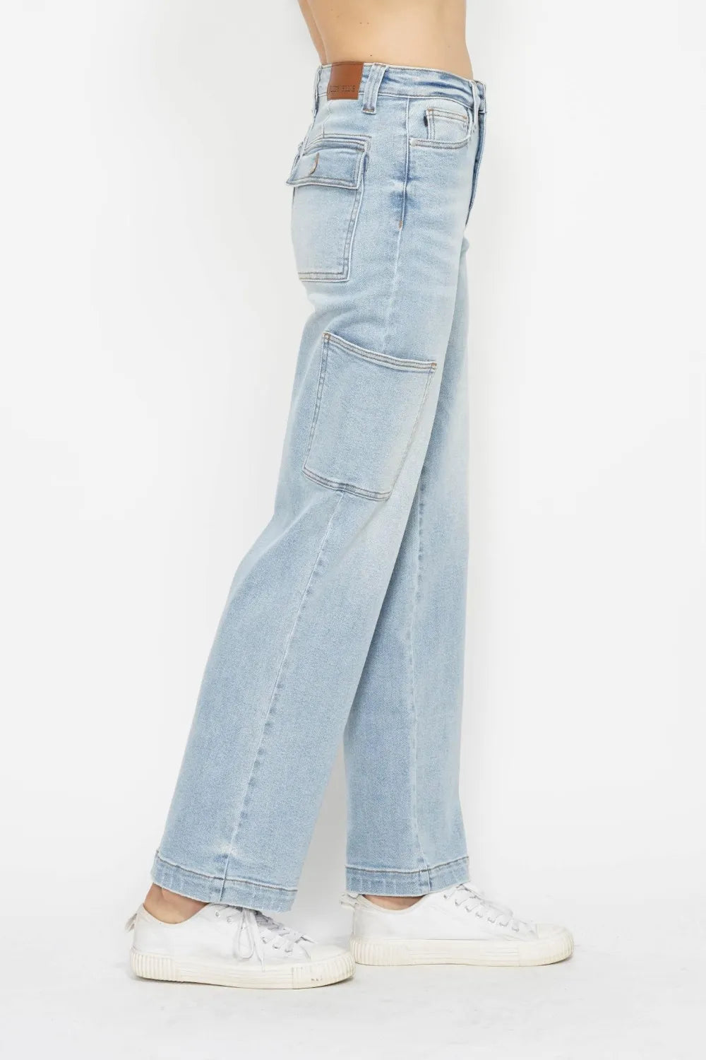 Judy Blue high waist straight cargo jeans in full size with multiple pockets, classic denim look, and relaxed fit.
