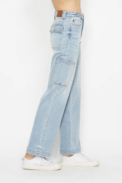Judy Blue high waist straight cargo jeans in full size with multiple pockets, classic denim look, and relaxed fit.