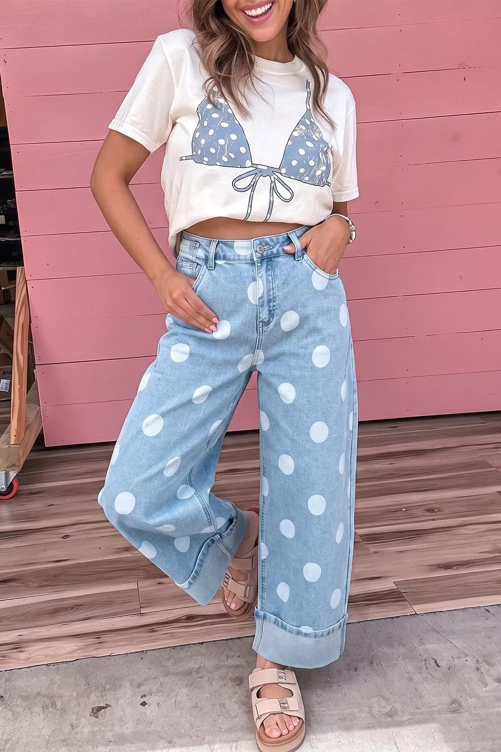 Light blue polka dot ankle-length casual jeans with metal buttons from Trendsi, featuring a relaxed fit and stylish design.