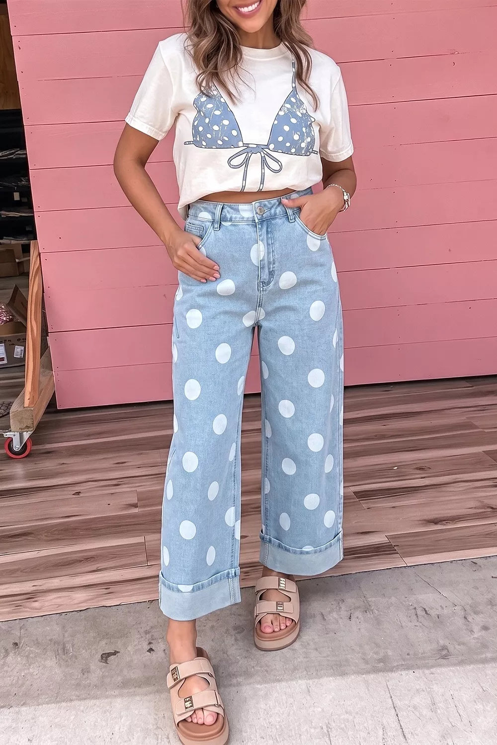 Light blue polka dot ankle-length casual jeans with metal buttons, stylish and comfortable by Trendsi.