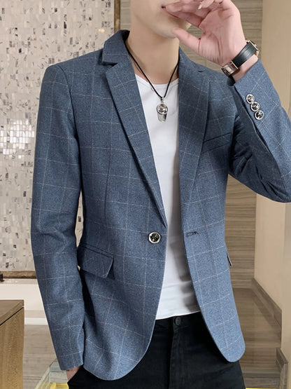 Light blue men's plus size slim fit plaid blazer by Trendsi, tailored with a classic checkered pattern and structured lapels.