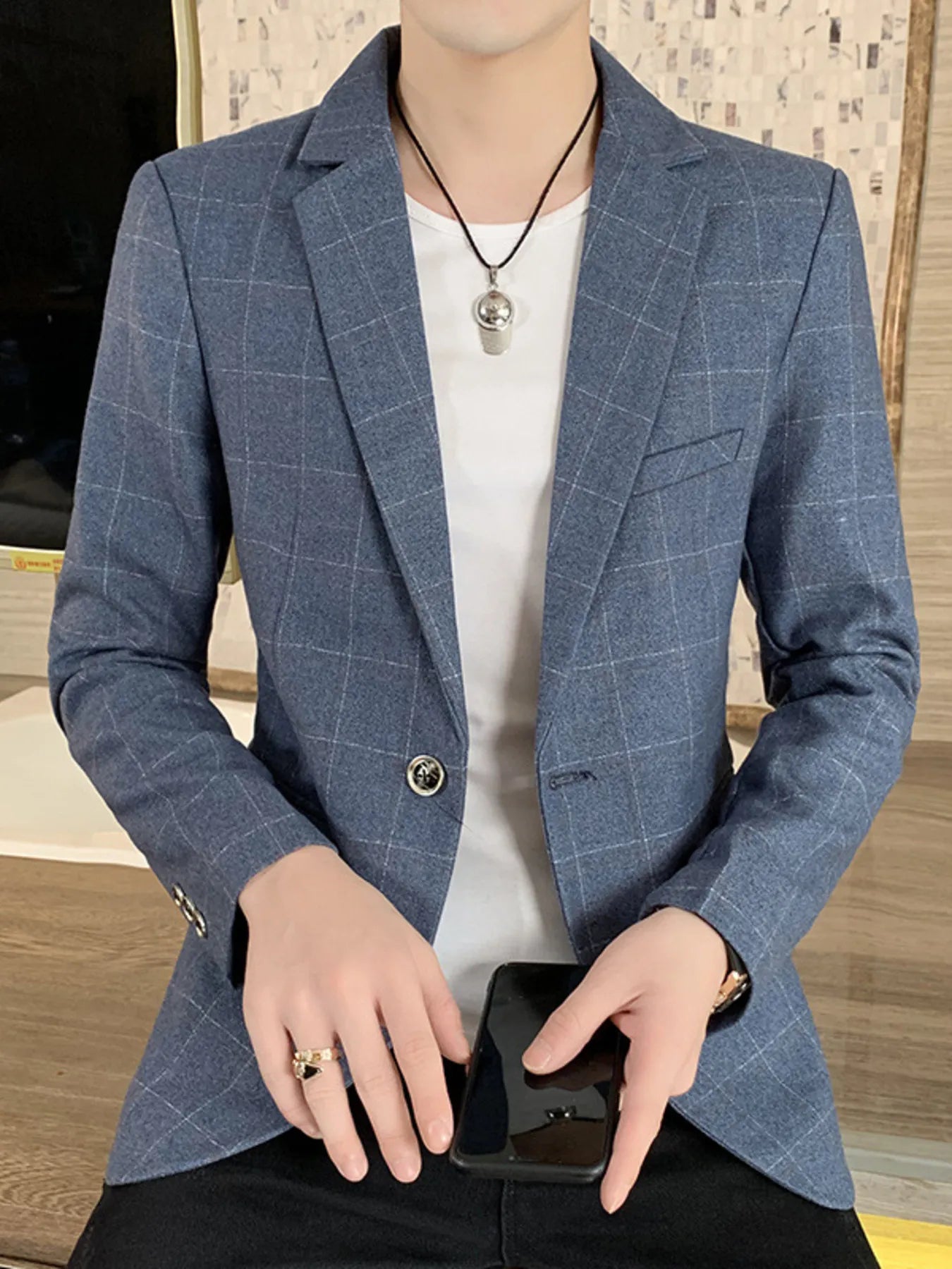 Light blue men's plus size slim fit blazer with plaid pattern, stylish men's blazer from Trendsi.