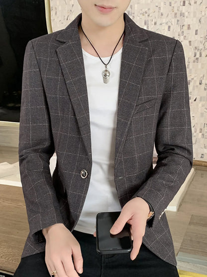Light blue men's plus size slim fit plaid pattern blazer by Trendsi, tailored with a modern, stylish design.