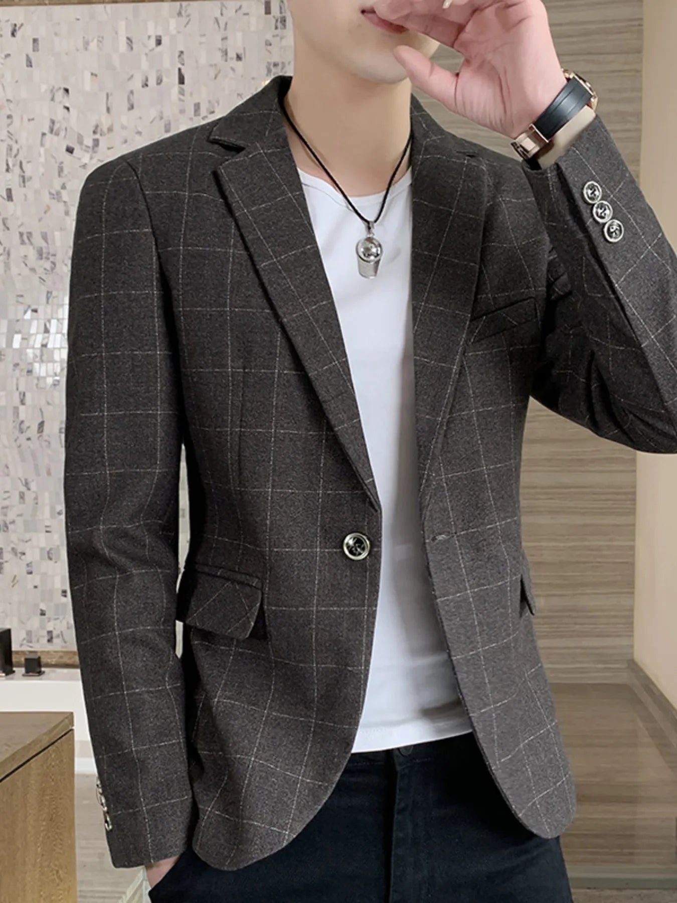 Light blue men's plus size slim fit plaid blazer by Trendsi, showing tailored fit and classic plaid pattern.