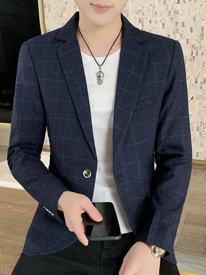 Light blue men's plus size slim fit plaid blazer with notch lapel and single-button closure, stylish men's fashion blazer.