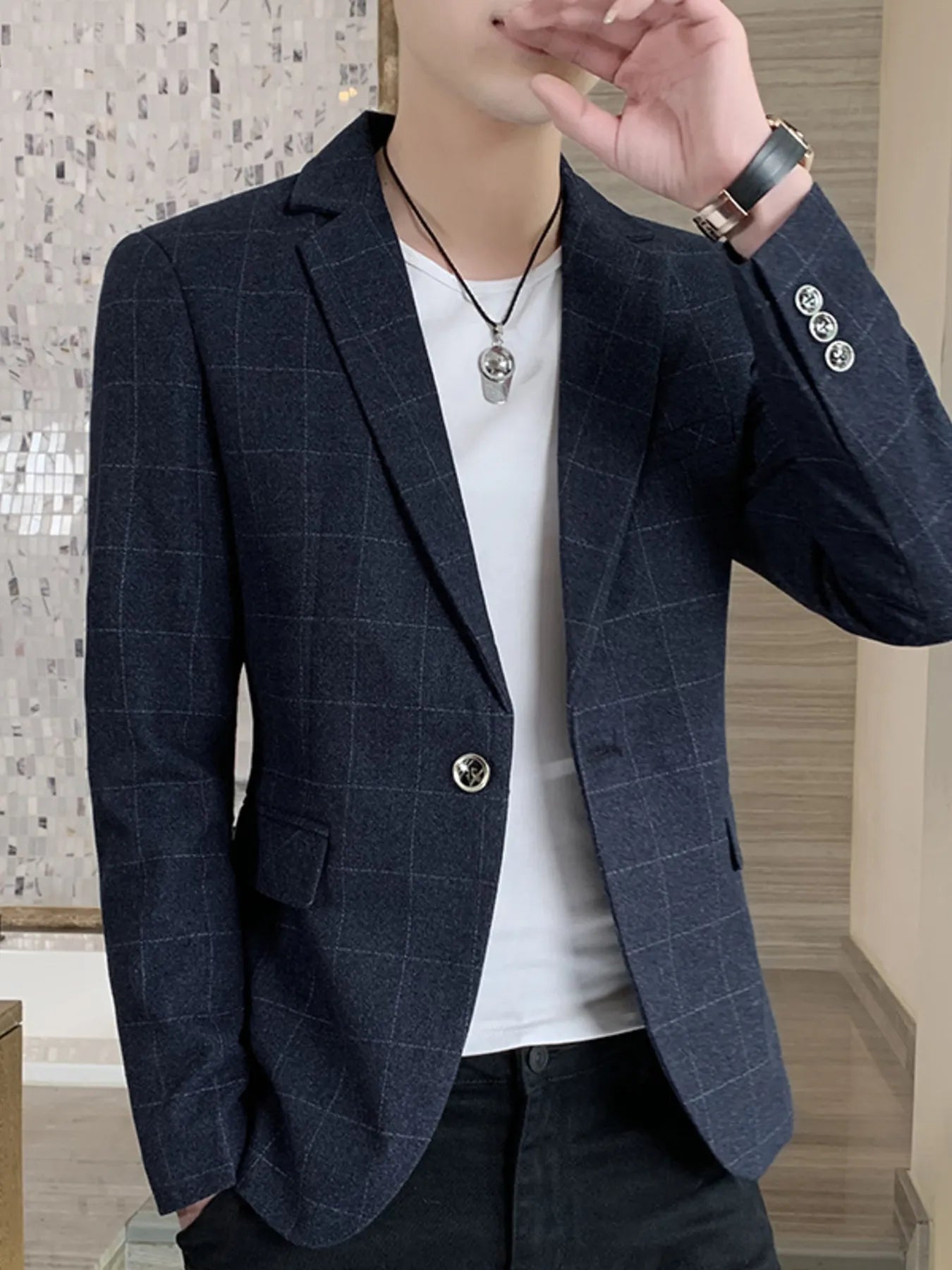 Light blue men's plus size slim fit plaid pattern blazer by Trendsi, tailored for a sharp, modern look.