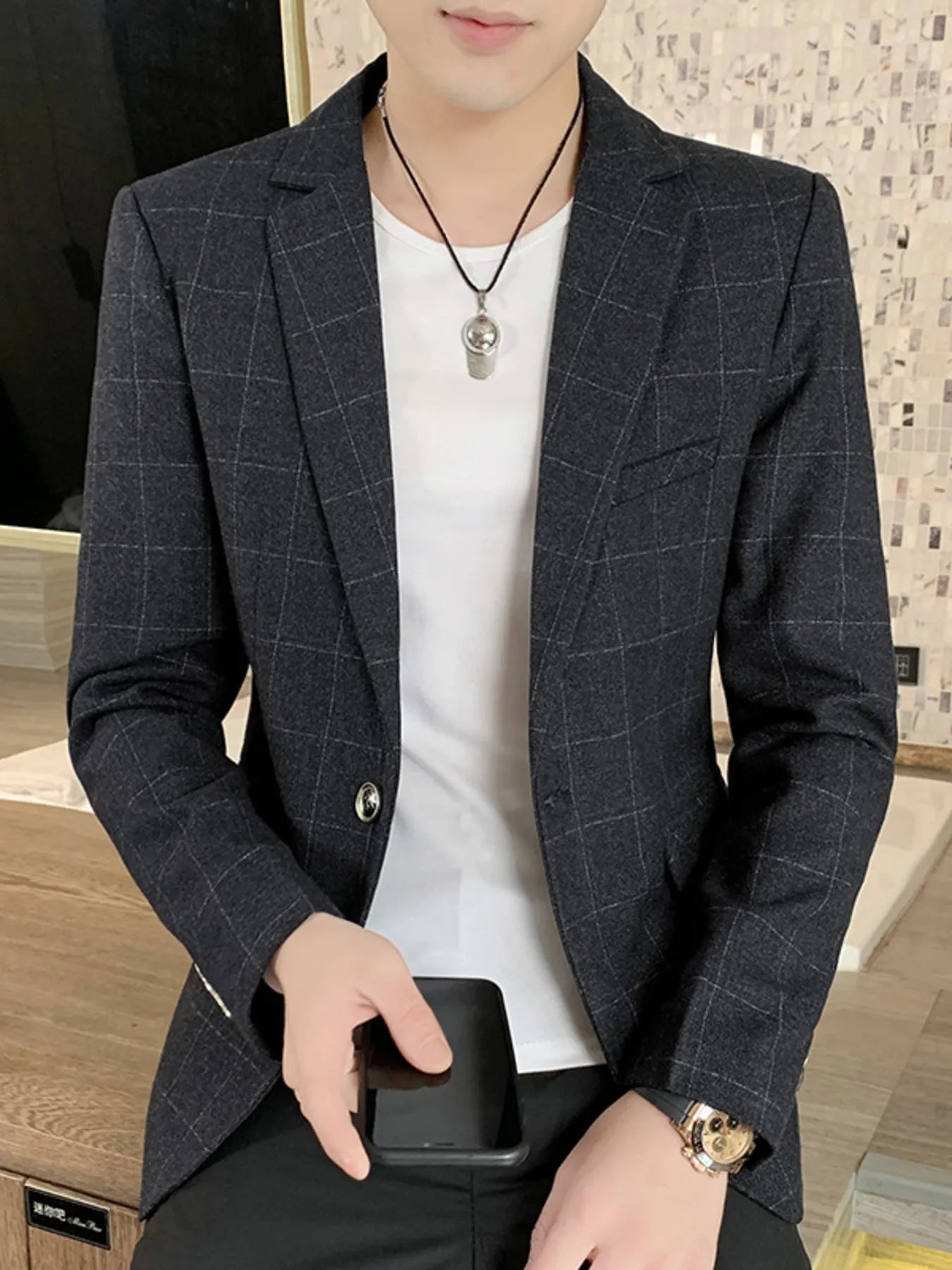 Light blue men's plus size slim fit blazer with plaid pattern, tailored style, and stylish lapels.