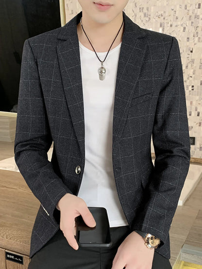 Light blue men's plus size slim fit blazer with plaid pattern, tailored style, and stylish lapels.