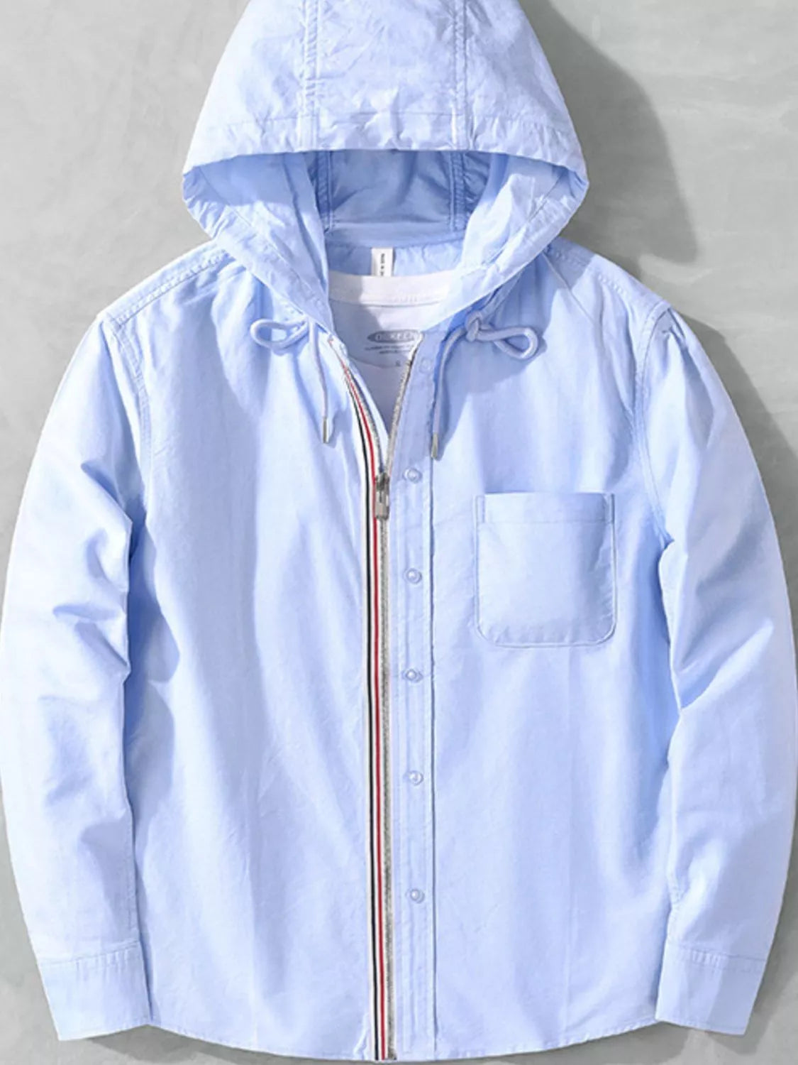 Men's plus size light blue striped trim hooded casual shacket by Trendsi, featuring a relaxed fit and comfortable design.
