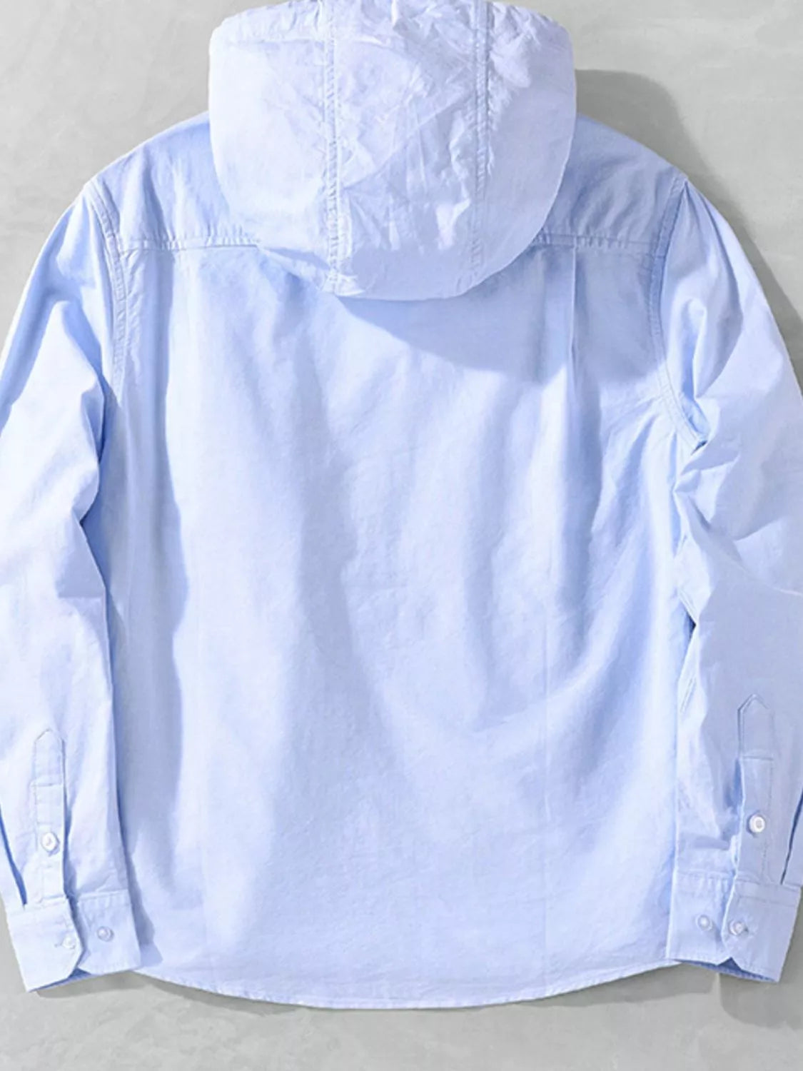 Light blue men's plus size striped trim hooded casual shacket with front pockets and relaxed fit, from Trendsi.
