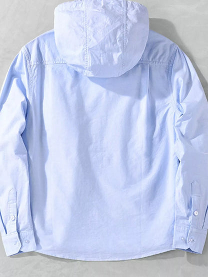 Light blue men's plus size striped trim hooded casual shacket with front pockets and relaxed fit, from Trendsi.