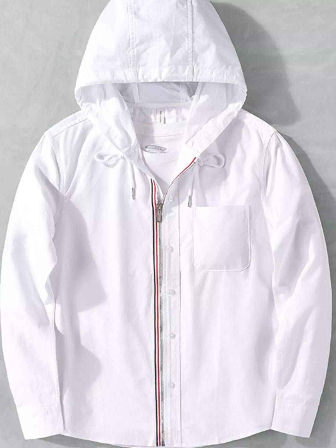 Light blue men's plus size striped trim hooded casual shacket with front pockets and relaxed fit, by Trendsi.