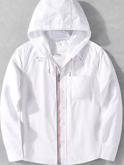 Light blue men's plus size striped trim hooded casual shacket with front pockets and relaxed fit, by Trendsi.
