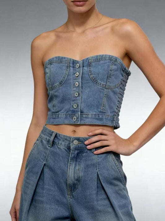 Button-Front Denim Tube Top - Redemption By Ashley North